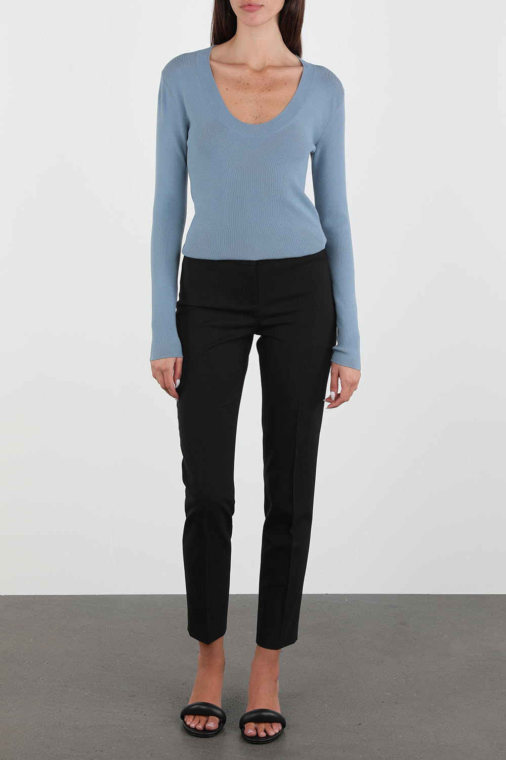 Scoop-Neck Lihgt Blue Sweater In Ribbed Stretch Fabric